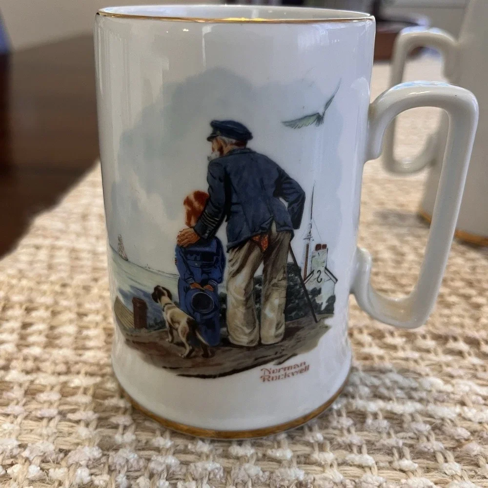 Norman Rockwell Coffee Mug set-Museum Series-Gold rim-Vintage Porcelain Set 4